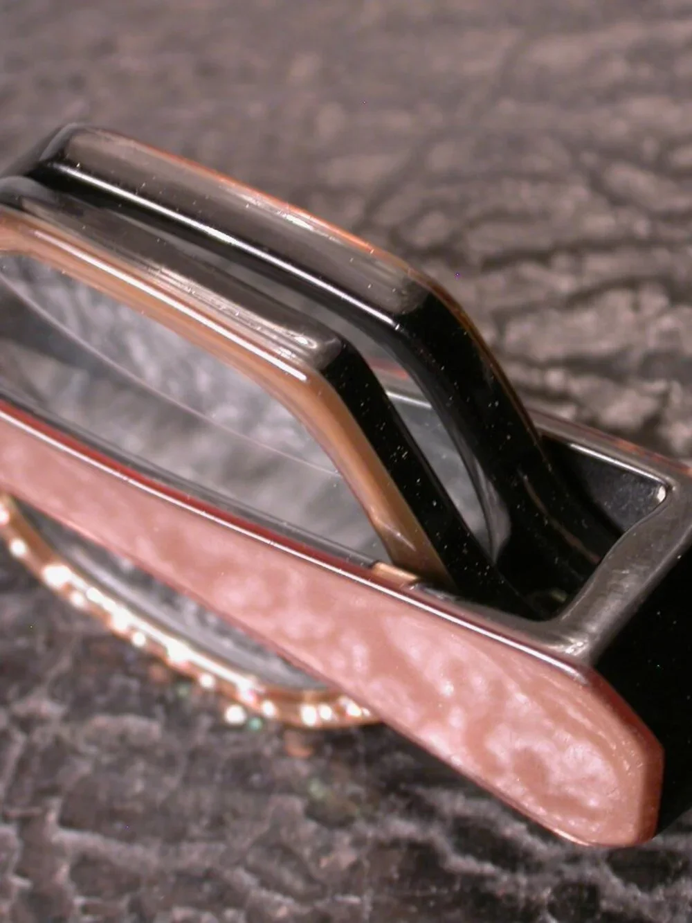 Vintage Fancy Hexagon Brown Rhinestone Folding Cat Eye Read Eyeglasses Lorgnette